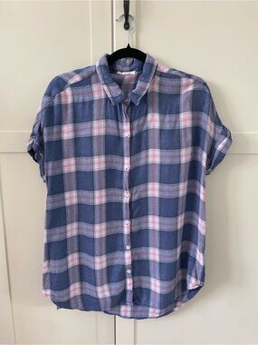 BeachLunchLounge Collection Soft Button-Up Short Sleeve Top Pink & Blue Plaid M